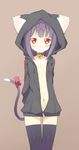  animal_ears ass_visible_through_thighs bell bell_collar black_legwear blush cat_ears cat_tail collar cowboy_shot flat_chest highres hood hoodie ichi_makoto jacket jingle_bell naked_hoodie navel open_clothes original paw_print purple_hair red_eyes ribbon simple_background solo tail tail_ribbon thighhighs 