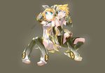  1girl aqua_eyes arm_warmers bad_id bad_pixiv_id blonde_hair brother_and_sister detached_sleeves hair_ornament hair_ribbon hairclip headphones highres kagamine_len kagamine_len_(append) kagamine_rin kagamine_rin_(append) ksb_(ugheaven) leg_warmers navel popped_collar ribbon short_hair shorts siblings sitting smile twins vocaloid vocaloid_append 