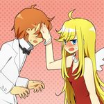  ahoge blonde_hair blue_eyes blush brief_(character) brief_(psg) dress freckles long_hair open_mouth panty_&amp;_stocking_with_garterbelt panty_(character) panty_(psg) red_dress red_hair short_hair sweatdrop tsundere very_long_hair wings 