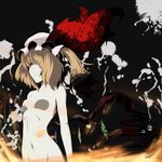  blonde_hair blood fire flandre_scarlet groin hair_over_one_eye hat highres meracle navel no_nipples nude red_eyes shaded_face side_ponytail slender_waist smile smirk solo touhou upper_body wings 