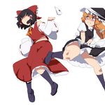  ascot black_hair blonde_hair blue_eyes blush bow bow_panties braid clothes_theft covering covering_crotch detached_sleeves hair_bow hakurei_reimu hat kicking kirisame_marisa multiple_girls panties panties_removed theft touhou umakatsuhai underwear underwear_theft white_panties witch_hat 