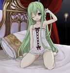  adjusting_hair alternate_hairstyle armpits bad_id bad_pixiv_id bandages bed candle cendrillon_(vocaloid) child green_eyes green_hair hair_down hatsune_miku kneeling kooten_bergh_no_youhei long_hair one_eye_closed panties pantyshot pantyshot_(kneeling) pillow solo striped striped_panties underwear very_long_hair vocaloid younger 