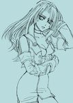  breasts calvina_coulange cherry_(tomatotamago) cleavage lineart long_hair medium_breasts monochrome solo super_robot_wars super_robot_wars_judgement 