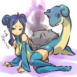  ahoge blue_eyes blue_hair detached_sleeves double_bun gen_1_pokemon hitec horn lapras lying moemon on_side personification pokemon pokemon_(creature) thighhighs translated 