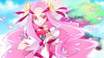  choker cure_flower eyelashes flower hair_flower hair_ornament hanasaki_kaoruko heart heartcatch_precure! long_hair magical_girl petals pink_hair precure red_choker red_eyes saikachi_(ogre_tree) solo tree wrist_cuffs 