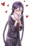  black_hair blush braid danganronpa danganronpa_1 fukawa_touko glasses grey_eyes hands_together heart inu_(aerodog) long_hair mole mole_under_mouth school_uniform smile solo twin_braids very_long_hair 