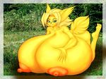  anthro big_breasts blitza breasts eeveelution female grass huge_breasts hyper hyper_breasts jolteon nintendo nipples pok&#233;mon pok&#233;morph pokemon solo unknown_artist video_games 