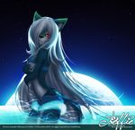 &hearts; clothed clothing fangs feline female hair long_hair looking_at_viewer mammal mikuraya moon red_eyes skimpy solo tequila tofu93 water white_hair 
