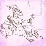  anthro breasts cuprohastes dragon ear_piercing earring female horn horns jewelry nipples nude piercing plain_background scalie solo white_background 