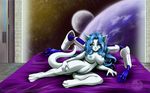  anthro bed big_breasts blue_eyes blue_hair blue_nipples blue_pussy blush breasts chaosie clitoris cyborg feline female hair hybrid inside long_hair looking_at_viewer mammal nipples nude pose pussy solo white white_body 