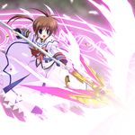  blue_eyes bow brown_hair endori hair_ribbon lyrical_nanoha magic_circle mahou_shoujo_lyrical_nanoha open_mouth raising_heart ribbon solo starlight_breaker takamachi_nanoha twintails 