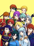  3girls 6+boys 9boys angry aqua_hair armor bandana bandanna blonde_hair blue_eyes blue_hair book bow bow_(weapon) canas cape chin_grab crimson_eyes earrings elbow_gloves eliwood eliwood_(fire_emblem) everyone eyes_closed fingerless_gloves fire_emblem fire_emblem:_rekka_no_ken fire_emblem_blazing_sword gloves gray_hair green_eyes green_hair grey_hair group happy hector hector_(fire_emblem) highres jewelry kent kent_(fire_emblem) knight looking_at_another looking_at_viewer looking_back lucius lyn lyndis_(fire_emblem) mage monk monocle multiple_boys multiple_girls nils ninian nintendo one_eye_closed open_book open_mouth orange_hair pent ponytail purple_eyes purple_hair rath raven_(fire_emblem) red_eyes scar serious silver_hair simple_background smile teal_hair vaida vaida_(fire_emblem) weapon wink yellow_background 