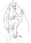  arrow bow bow_(weapon) canine female loincloth mammal neck_ruff plain_background ranged_weapon richard_foley signature sketch solo topless weapon white_background wolf 
