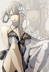  asymmetrical_hair bad_id bad_pixiv_id bandaged_arm bandaged_leg bandages bangs bare_shoulders blunt_bangs bow braid breasts criss-cross_halter cross-laced_clothes flower frills grey_background hair_flower hair_ornament hair_rings halter_top halterneck kaine_(nier) knees_up large_breasts legs lingerie looking_at_viewer negligee nier nier_(series) nippleless_clothes no_nipples parted_bangs ribbon short_hair sidelocks silver_eyes silver_hair simple_background sitting solo thigh_strap thighs underwear yashano_akira zoom_layer 