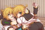  blonde_hair blue_eyes child cup dual_persona hug kagamine_len male male_focus mukkun scared school_uniform selfcest serafuku sheet_music shota smile string tangled vocaloid wince wink yaoi 