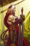  bonk cloak feline forest hair key male multiple_tails muscles solo sunlight sword tail tree unimpressed warrior weapon white_hair 