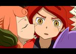  1girl 4boys burn burn_(inazuma_eleven) cheek_kiss fake_screenshot fjk hasuike_an heat_(inazuma_eleven) inazuma_eleven inazuma_eleven_(series) kiss multiple_boys nagumo_haruya neppa_(inazuma_eleven) red_hair 