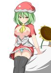  breasts dekkaitamanegi flower green_hair hat highres kazami_yuuka medium_breasts nipples no_bra open_clothes panties pantyshot red_eyes sack santa_hat short_hair solo sunflower thighhighs touhou underwear 