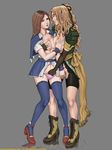  2girls blonde_hair boots breast_grab breasts brown_hair castlevania castlevania:_portrait_of_ruin castlevania:_symphony_of_the_night charlotte_aulin elbow_gloves eye_contact fingering fingerless_gloves hair_ribbon konami lips long_hair maria_renard mugensaku nipples open_mouth open_shirt panties pubic_hair pussy_juice sash thighhighs torn_clothes yuri 