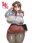  1girl adjusting_glasses areola areolae breasts brown_eyes brown_hair crotch_seam curvy doomcomic glasses hips holding huge_breasts long_hair milf nipples no_bra panties panties_under_pantyhose pantyhose pantyshot penguindou see-through shiny shirt skirt solo stockings taut_clothes taut_shirt teacher thick_thighs thighhighs thighs underwear upskirt wide_hips 