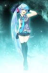  alternate_hairstyle bare_shoulders black_gloves black_legwear blue_eyes blue_hair blush gloves hair_ribbon hatsune_miku jyuru long_hair navel necktie ribbon shorts side_ponytail snowflakes solo thighhighs very_long_hair vocaloid yuki_miku 