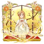  1girl asuna_(sao) brown_eyes brown_hair cherry_blossoms cup flower gradient_kimono highres holding holding_cup japanese_clothes kimono kneeling long_sleeves looking_at_viewer official_art orange_flower orange_rose rose sakazuki short_hair_with_long_locks sidelocks smile solo sword_art_online transparent_background white_flower white_kimono white_rose wide_sleeves yellow_flower yellow_kimono yellow_rose 