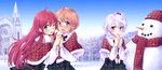  ;p capelet colette_ehl day highres holding_hands interlocked_fingers komorebi_no_kuni long_hair lulu_(komorebi_no_kuni) multiple_girls one_eye_closed open_mouth plaid plaid_scarf plaid_skirt red_hair remm_winslet scarf school_uniform short_hair skirt snowman tokunou_shoutarou tongue tongue_out 