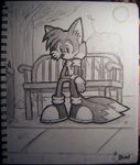  bench black_and_white canine depressed fox lonely male metal_fox miles_prower monochrome outside park sad sitting sonic_(series) tree 