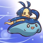  androgynous antenna_hair black_eyes blue_hair blush_stickers gen_4_pokemon happy hitec mantyke moemon o_o open_mouth personification pokemon pokemon_(creature) riding short_hair smile 