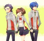  2boys black_hair blue_eyes blue_hair brown_hair female_protagonist_(persona_3) hair_ornament holding_hands multiple_boys odagiri_hidetoshi persona persona_3 persona_3_portable school_uniform shooting-star short_hair skirt smile track_suit yuuki_makoto 