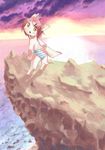  anthro blush brown_hair cliff cloud clouds cub hair looking_back looking_over_shoulder ocean open_mouth panties sea seaside short_hair striped_panties stripes sun sunset tail underwear unknown_artist water young 