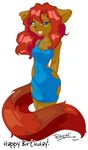  2004 birthday black_nose blue_eyes breasts brown dmfa dress english_text eyelashes female ferret hair long_hair looking_at_viewer omgtkb open_mouth red_hair skimpy solo striped_tail tail white_background wildy 