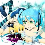  2girls aqua_eyes aqua_hair bad_id bad_pixiv_id hair_ribbon hatsune_miku kagamine_len kagamine_rin long_hair lying multiple_girls on_stomach puppet ribbon sgawarananto smile striped striped_legwear thighhighs twintails vocaloid 