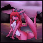  blue_eyes breasts dragon female hair hot_spring nipples nude ocean pink_hair sea seyua solo sonjaarashi sunset water wings 