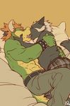  2010 bed bracelet couple eyes_closed gay hair horns jewelry kissing koopa long_hair lying male mario_bros muscles nintendo on_back open_mouth patto pillow reptile scalie tail tongue topless turtle 