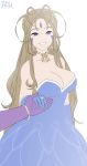  1girl :d aa_megami-sama absurdres antenna_hair bangs bare_shoulders belldandy blue_dress blue_eyes blue_gloves bracelet breasts brown_hair choker cleavage collarbone dress earrings facial_mark forehead_mark gloves goddess hand_holding highres jewelry large_breasts long_hair looking_at_viewer open_mouth r3dfive ring simple_background sleeveless sleeveless_dress smile solo_focus 