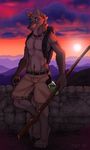  2009 abs against_wall backpack canine claws digitigrade ear_tufts looking_at_viewer male mountain necklace outside paws shorts smile solo standing sunset tail topless tsaiwolf wolf yellow_eyes 