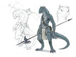  anthro back_turned baldric digitigrade grey_scales halberd horn lizard loincloth male multiple_poses polearm reptile scalie solo weapon yellow_eyes 