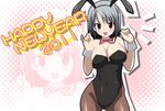  2011 :d animal_ears breasts bunny_ears bunnysuit cleavage fishnet_pantyhose fishnets grey_hair highres large_breasts mole mole_under_eye new_year open_mouth original pantyhose paradise_king red_eyes smile solo wrist_cuffs zoom_layer 