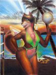 beach canine colour_pencil dog female kaye_devin mammal one-piece_swimsuit seaside shiba_inu solo sunset swimsuit traditional traditional_media volleyball 