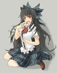  adapted_costume black_hair blush bow cake food green_bow hair_bow long_hair plaid plaid_skirt red_eyes reiuji_utsuho skirt solo tes_(unpre) third_eye touhou very_long_hair 