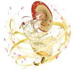  1girl asuna_(sao) brown_eyes brown_hair cherry_blossoms floating_hair floral_print full_body gradient_kimono head_tilt highres holding holding_umbrella japanese_clothes kimono long_hair looking_at_viewer official_art open_mouth oriental_umbrella print_kimono print_umbrella solo standing sword_art_online tabi transparent_background umbrella very_long_hair white_kimono white_legwear yellow_kimono yukata 