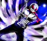  dutch_angle highres kamen_rider kamen_rider_super-1 kamen_rider_super-1_(series) male_focus nof pose scarf sky solo 