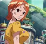  1girl breasts brown_eyes bubble building female injury jewelry lowres nami nami_(one_piece) necklace one_piece orange_hair ruins sabaody_archipelago shirt short_hair solo standing t-shirt yellow_shirt 