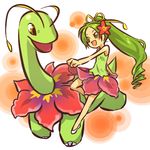  antennae bare_shoulders blush_stickers brown_eyes drill_hair flower gen_2_pokemon green_hair hair_flower hair_ornament hitec long_hair meganium moemon open_mouth personification pinky_out pokemon pokemon_(creature) ponytail shoes skirt yellow_eyes 