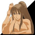  bad_id bad_pixiv_id barefoot breasts brown_eyes brown_hair cleavage convenient_arm dark_skin huge_breasts ksaiki long_hair lying muscle nude on_stomach original ponytail shiny shiny_skin smile solo the_pose toned 