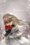  bad_id bad_pixiv_id black_gloves christmas flower fur glasses gloves highres holding holding_flower long_hair merry_christmas original poinsettia red_eyes satsuyu_ito snowing solo upper_body 