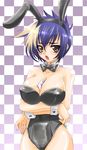  animal_ears bad_id bad_pixiv_id between_breasts blue_hair breast_hold breasts brown_eyes bunny_ears bunnysuit checkered checkered_background crossed_arms gien koihime_musou large_breasts mali multicolored_hair short_hair solo two-tone_hair white_hair wrist_cuffs 