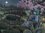 anthro bench blonde_hair blue blue_hair bridge canine clothed clothing couple detailed_background dragon duo female fur grey_fur hair holding horn horns kacey long_hair male mammal moon night outside painting_(art) river romantic sitting 