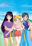  3girls belt bishoujo_senshi_sailor_moon blue_eyes checkered checkered_shirt dress highres hino_rei kazu. long_hair long_legs minidress mizuno_ami multiple_girls official_art outdoors outside purple_eyes shirt short_dress shorts tsukino_usagi very_long_hair wink 